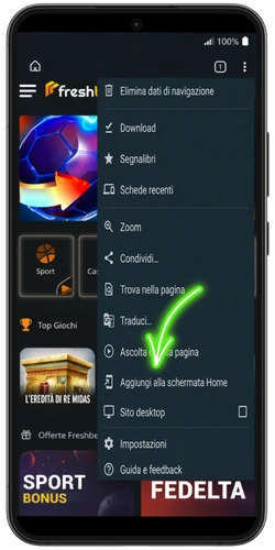 Menu del browser su FreshBet