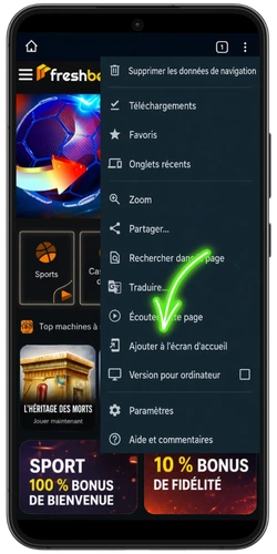 Menu du navigateur sur FreshBet