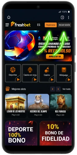 Página de inicio de FreshBet con los botones Registrarse e Iniciar sesión