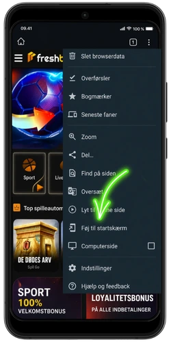 Browsermenuen på FreshBet